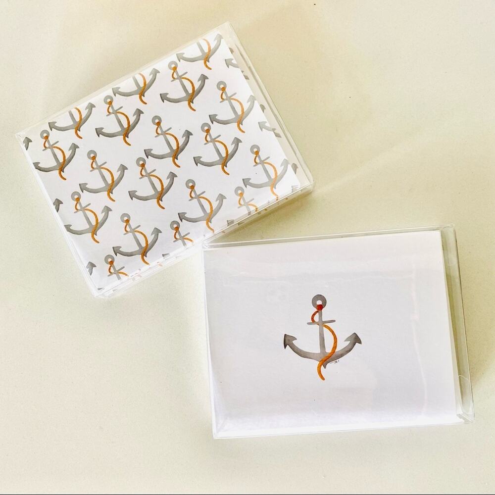 2 NEW ANTHROPOLOGIE White Grey Illustrated Anchor Nautical Card Notecards s/10